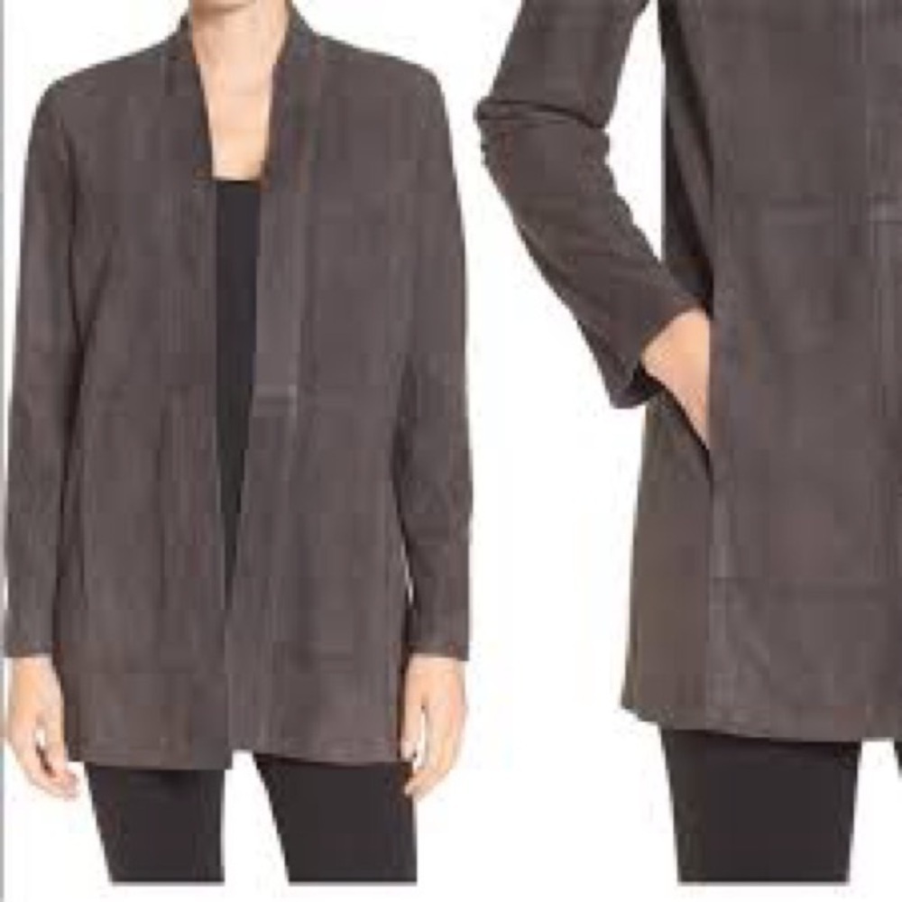 Eileen Fisher Fall chocolate brown Suede leather Open Front Jacket XL